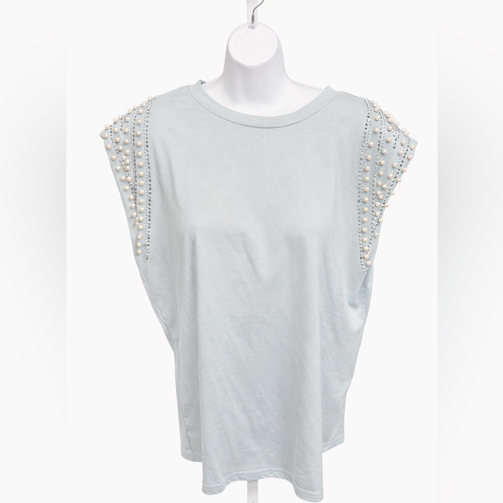 Pearl & Rhinestone Shoulder Dusty Blue Knit Top